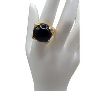 Blue Glass Bubble Statement Ring 18k Gold Plated 7.5 Signed RM Clear Rhinestones